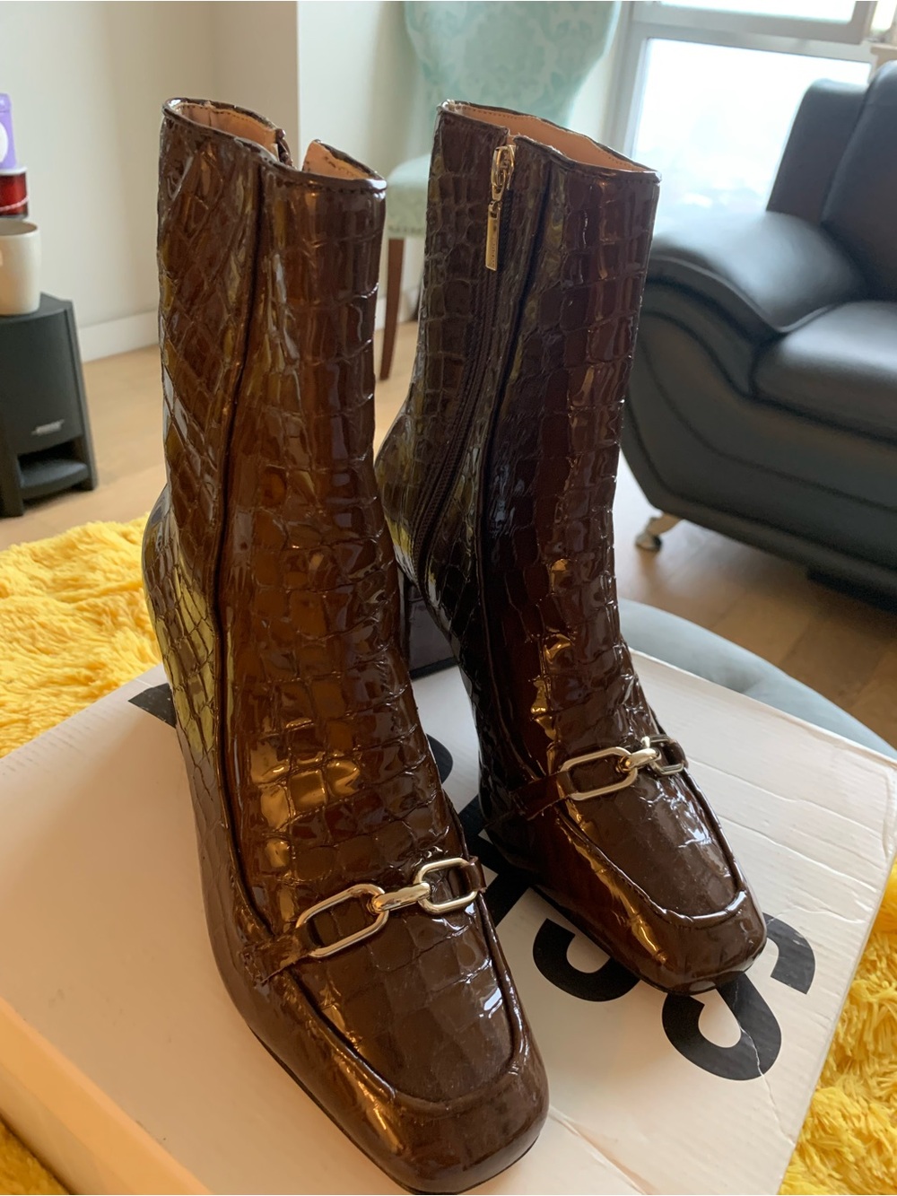 SCHUTZ  Brown Croc-Embossed Ankle Boots with Gold Hardware